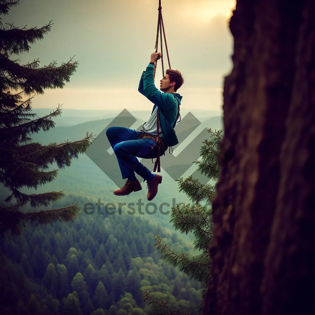 Picture of Joyful Swing: A Silhouette of a Happy Man Jumping Against a Sunset Sky