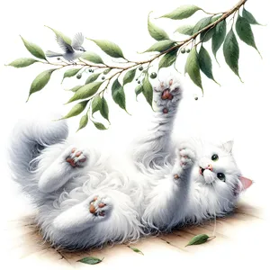 White Cat Playing With Leaves On a Tree Branch