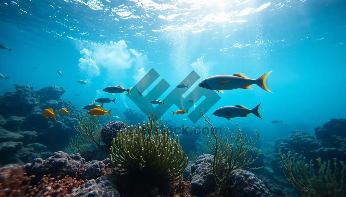 Picture of Colorful underwater tropical fish swimming in sun rays.