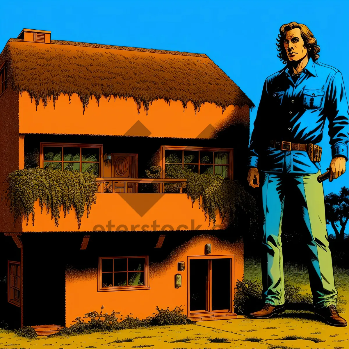 Picture of Old Thatched Roof House With Trees and Sky