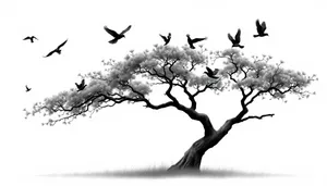 Silhouette of bird on branch against sky.