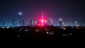 City skyline reflecting in river at dusk