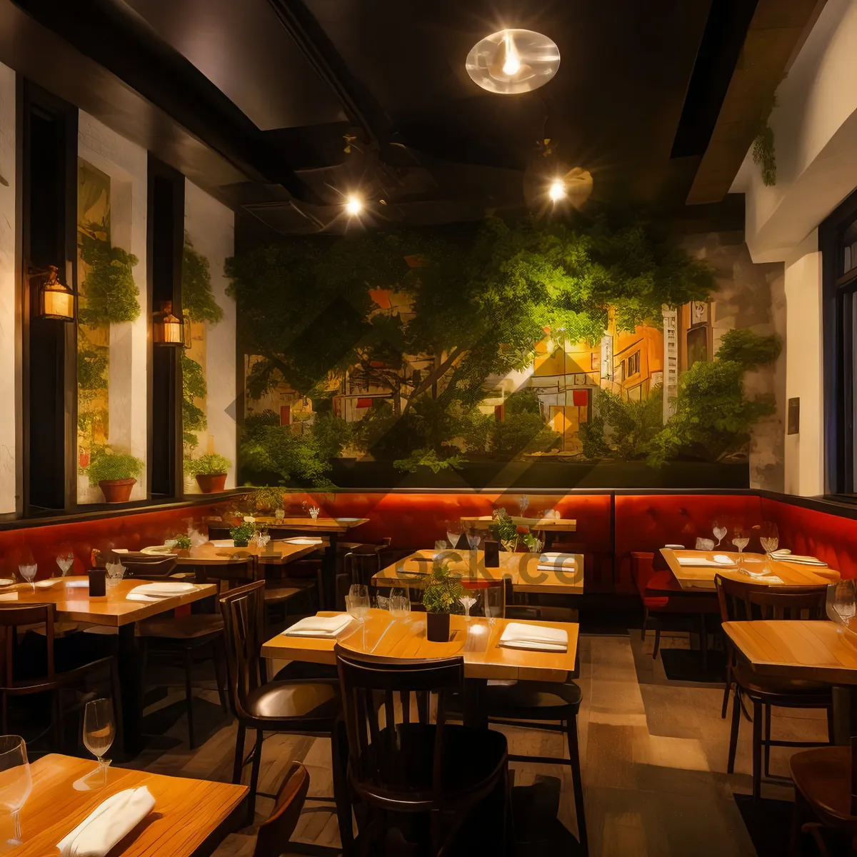 Picture of Modern Interior Restaurant Design with Wooden Chairs and Tables