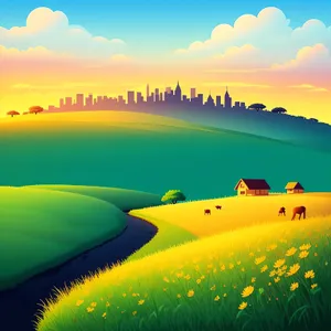 Serene Sunset Over Rural Meadow and Sea