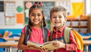 Happy smiling boy in classroom with friends