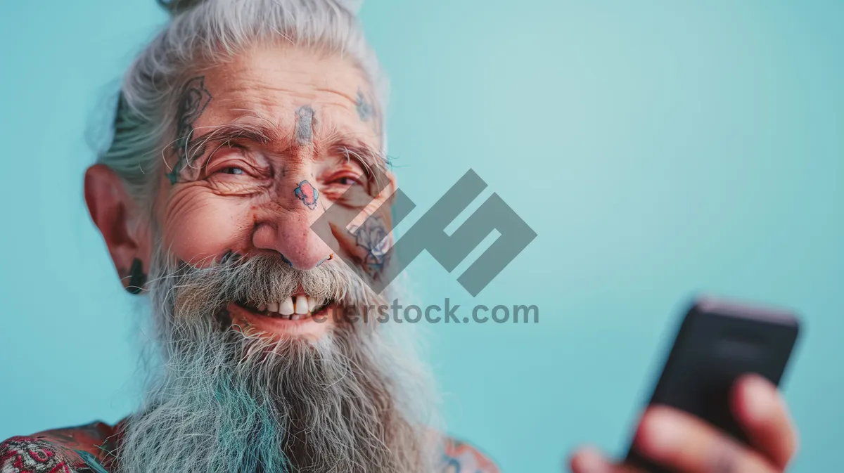 Picture of Happy Elderly Man with Gray Hair and Mustache Smiling