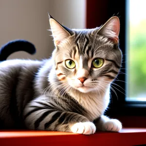 Curious Gray Tabby Kitten Peering From Windowsill