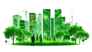 Urban skyline over city park and meadow landscape.