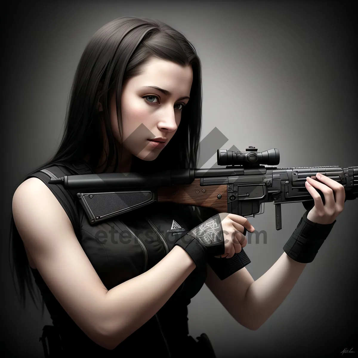 Picture of Stylish brunette model posing with attractive machine gun