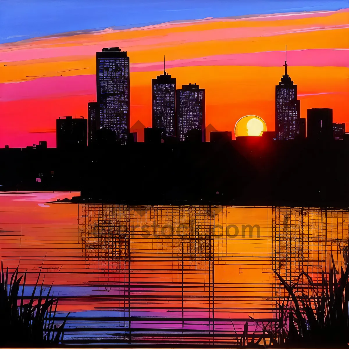 Picture of Twilight Reflections: Urban Cityscape at Sunset