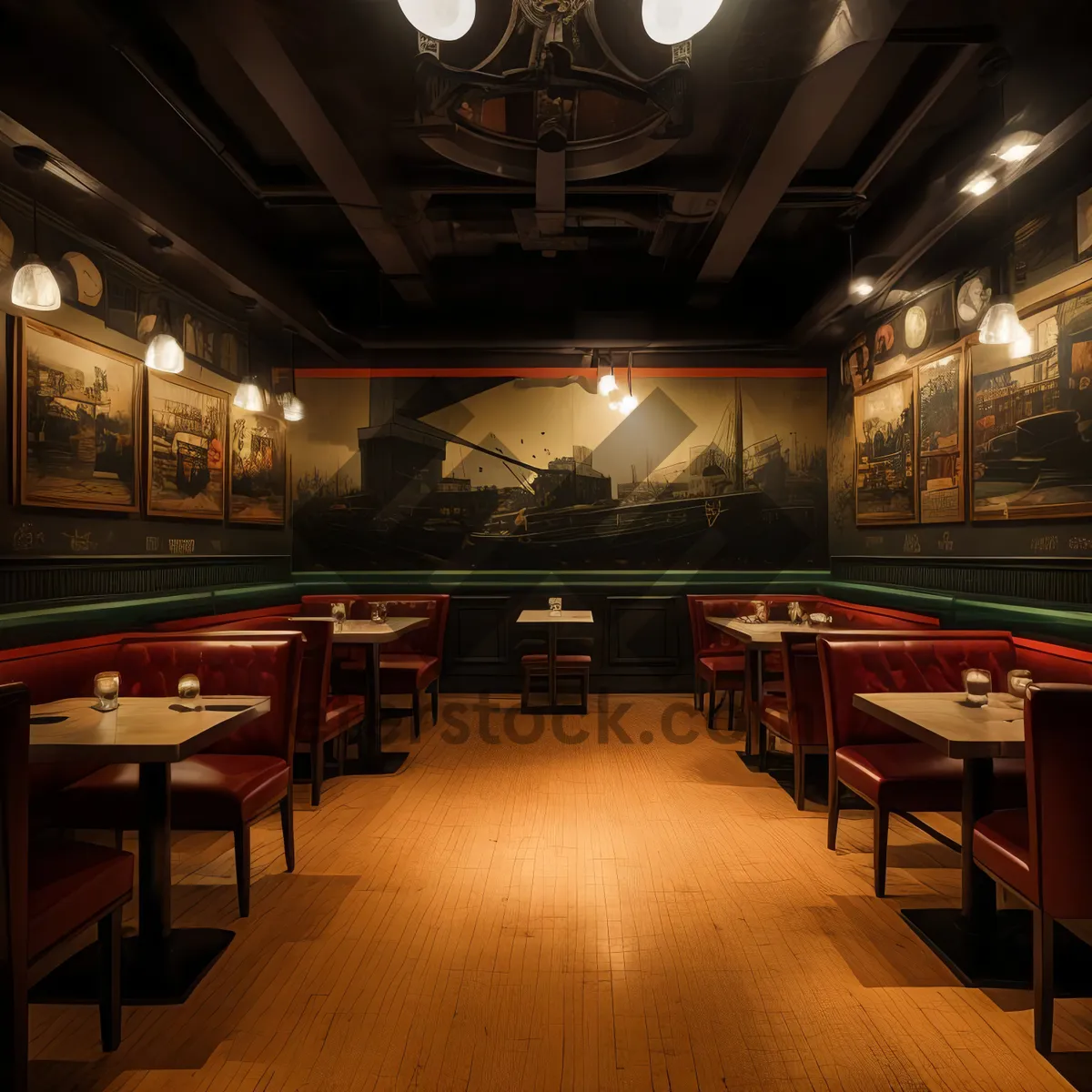 Picture of Modern interior design of restaurant with wooden furniture