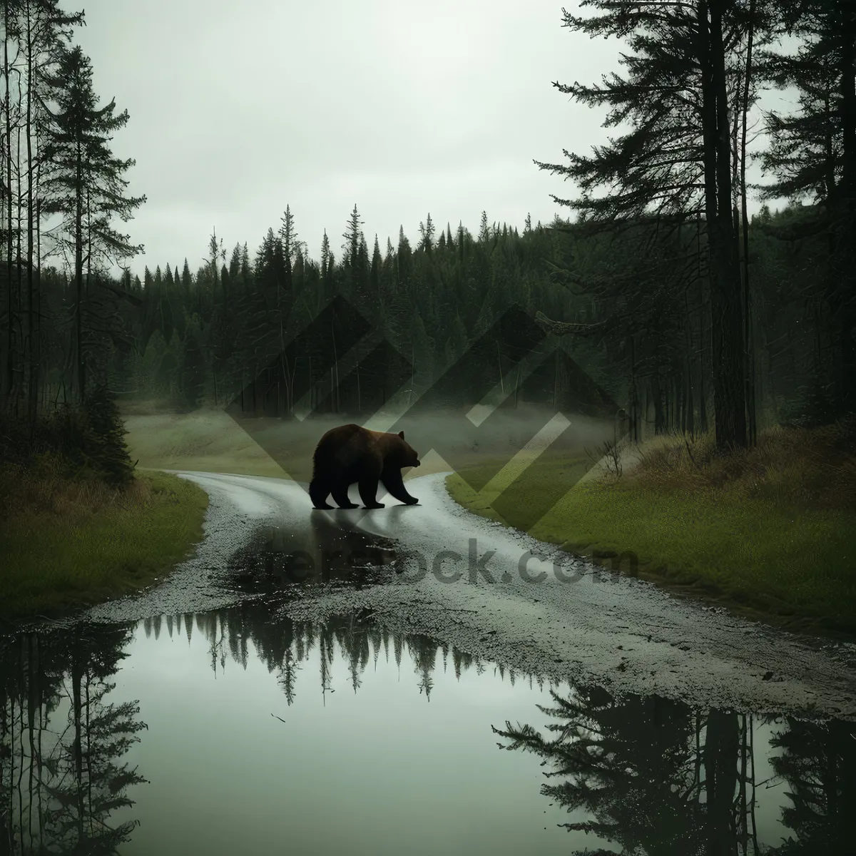 Picture of Bison grazing by serene river in forest