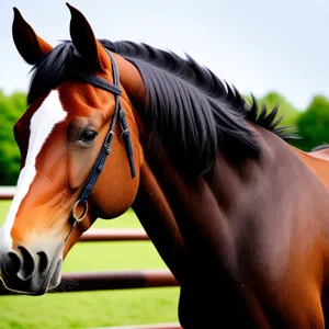 Majestic Brown Stallion Grazing in Meadow