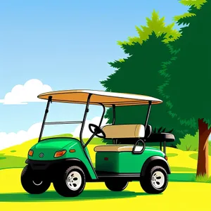 Golfer driving on scenic golf course with golf equipment.