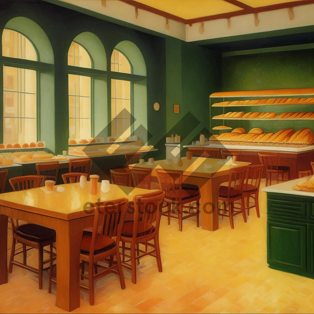 Picture of Modern Classroom Interior with Wood Furniture