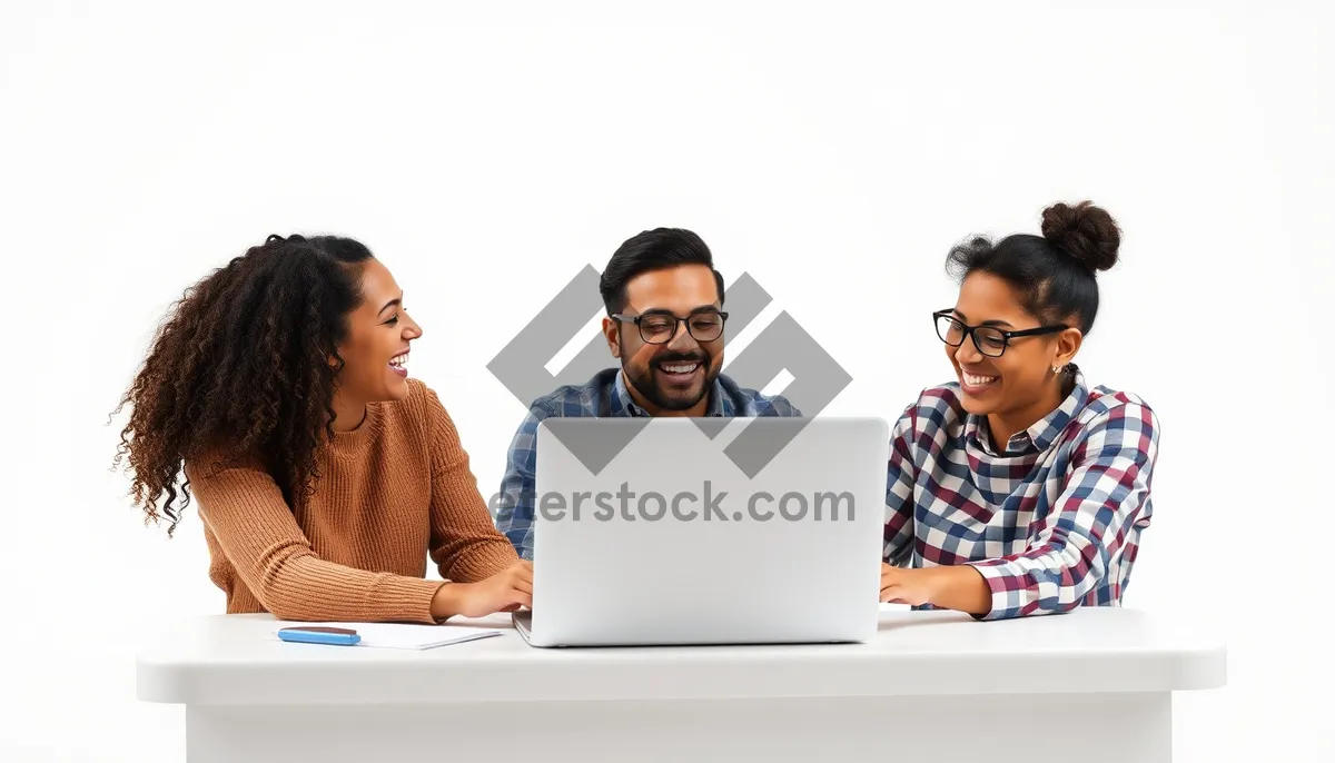 Picture of Smiling businesswoman working on laptop in modern office.