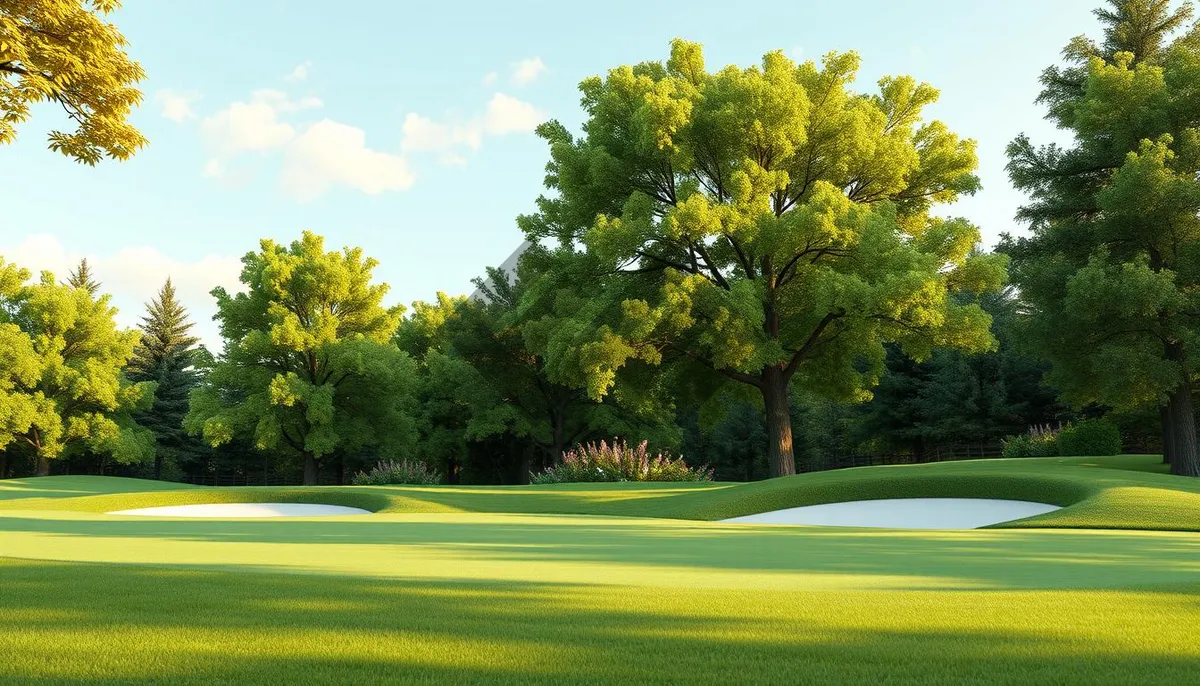 Picture of Summer golf course with rapeseed fields and sunny skies.