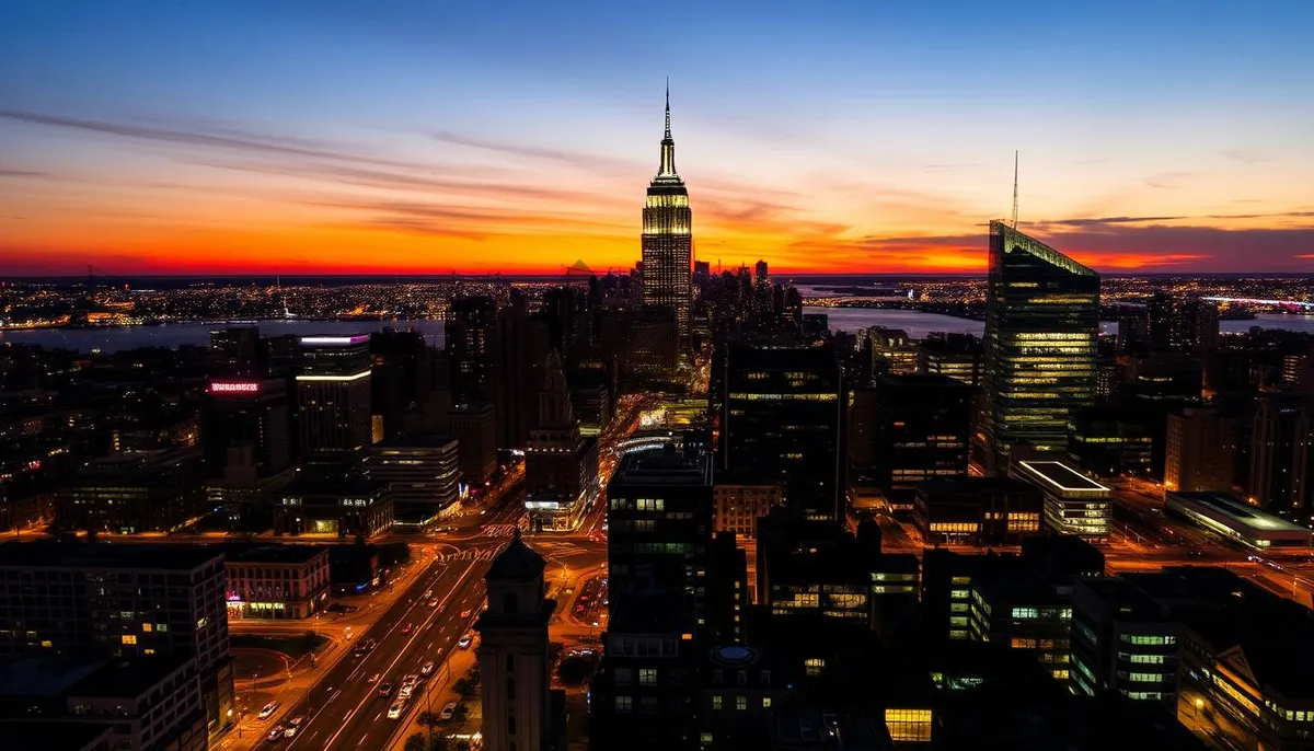 Picture of Modern city skyline at dusk with illuminated buildings