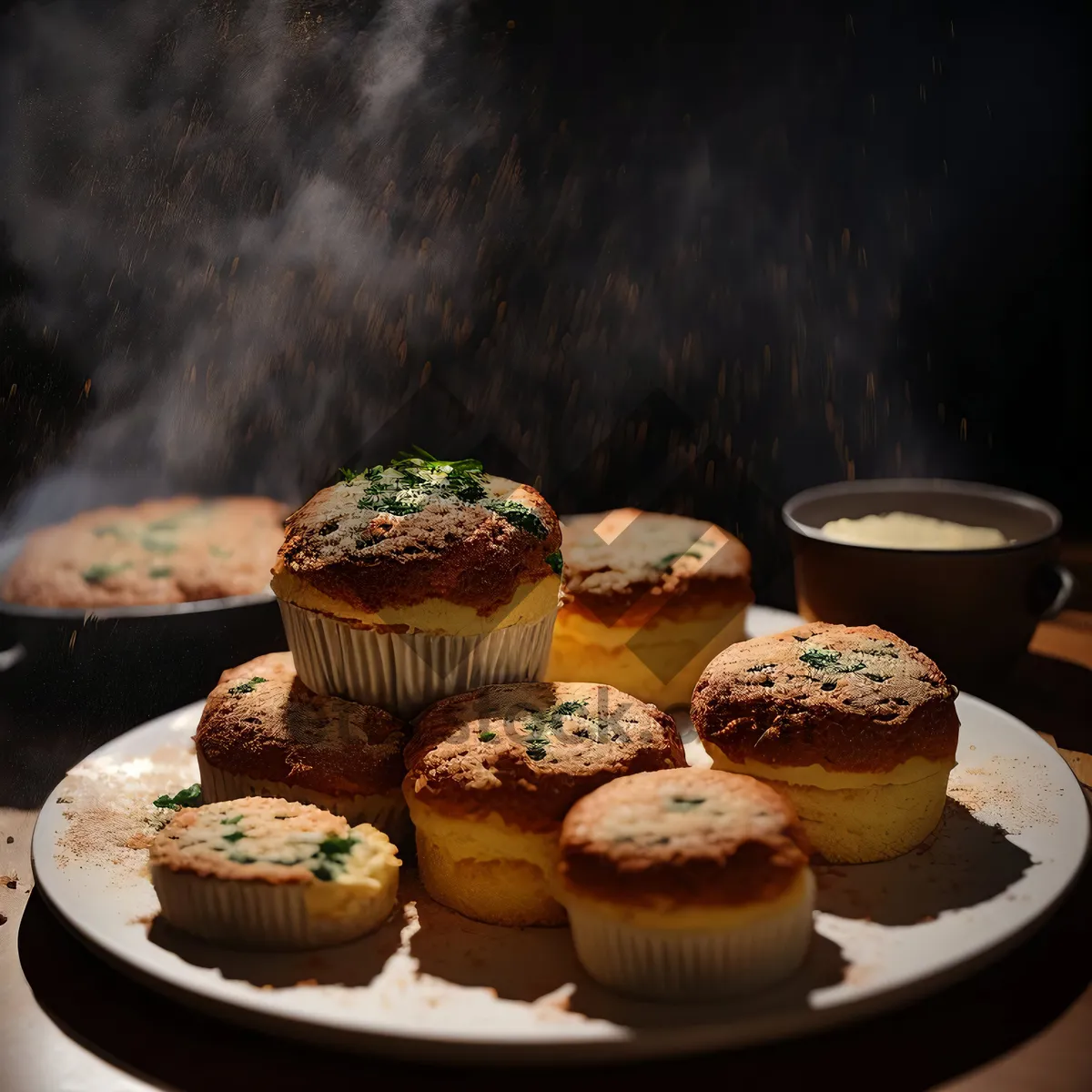 Picture of Sweet bakery delight: muffin, cake, and coffee.