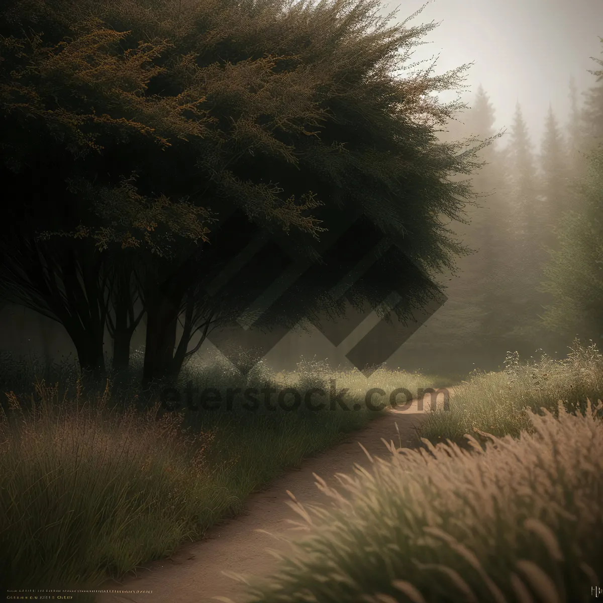 Picture of Serene Vistas: Tree-Framed Skyline over Reed-Lined Sands