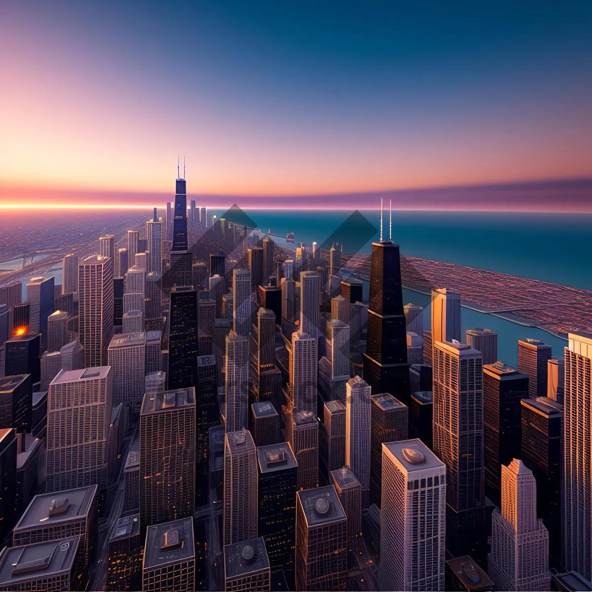 Picture of Urban Skyline at Sunset: Modern Skyscrapers in Cityscape