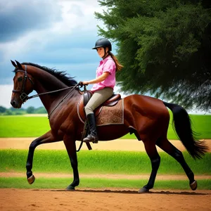Thoroughbred mare riding with jockey in field