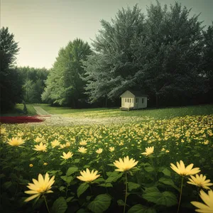 Sunny Landscape with Yellow Sunflower in Field