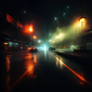 Urban night scene with illuminated bridge over river