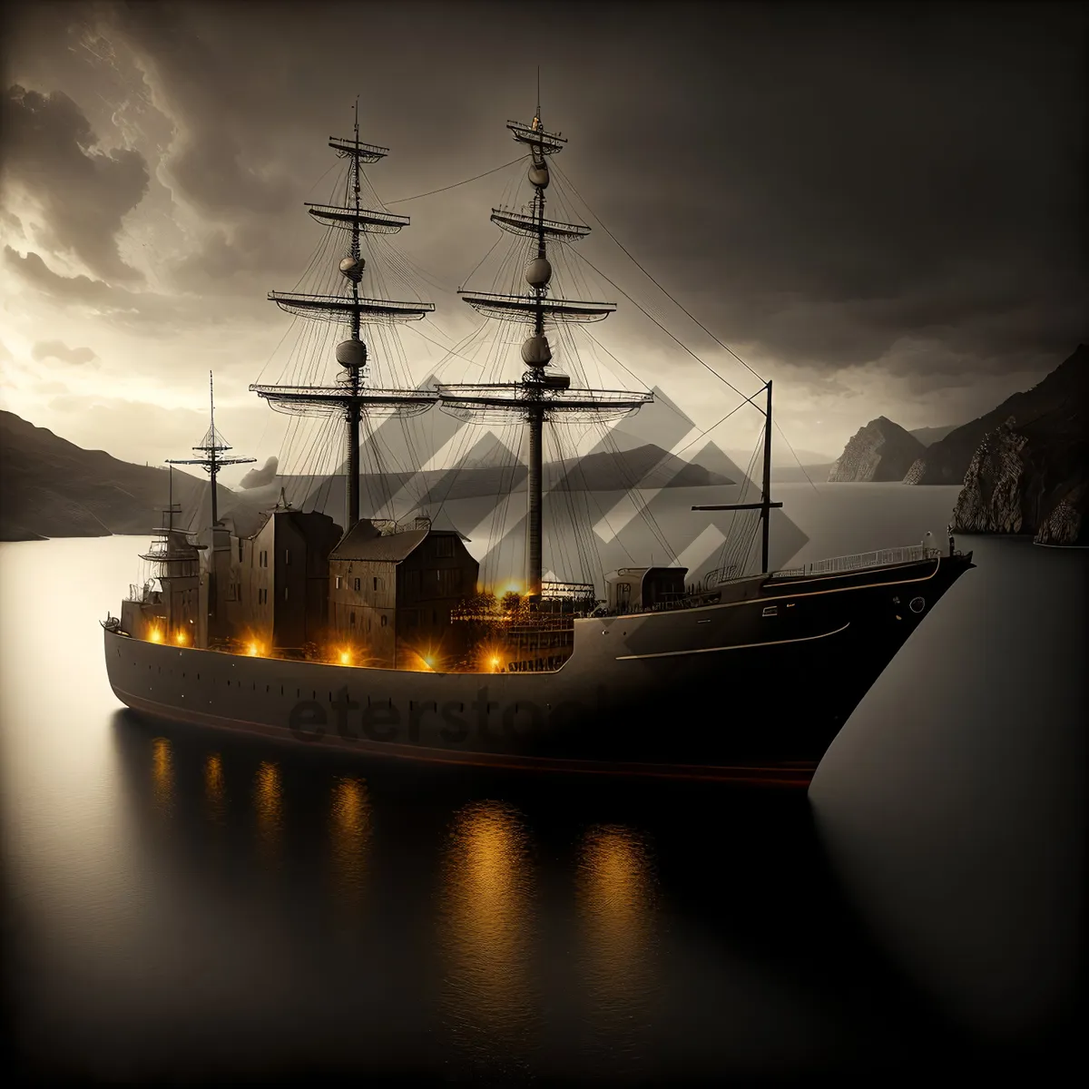 Picture of Electricity-Powered Pirate Ship Sailing at Sunset