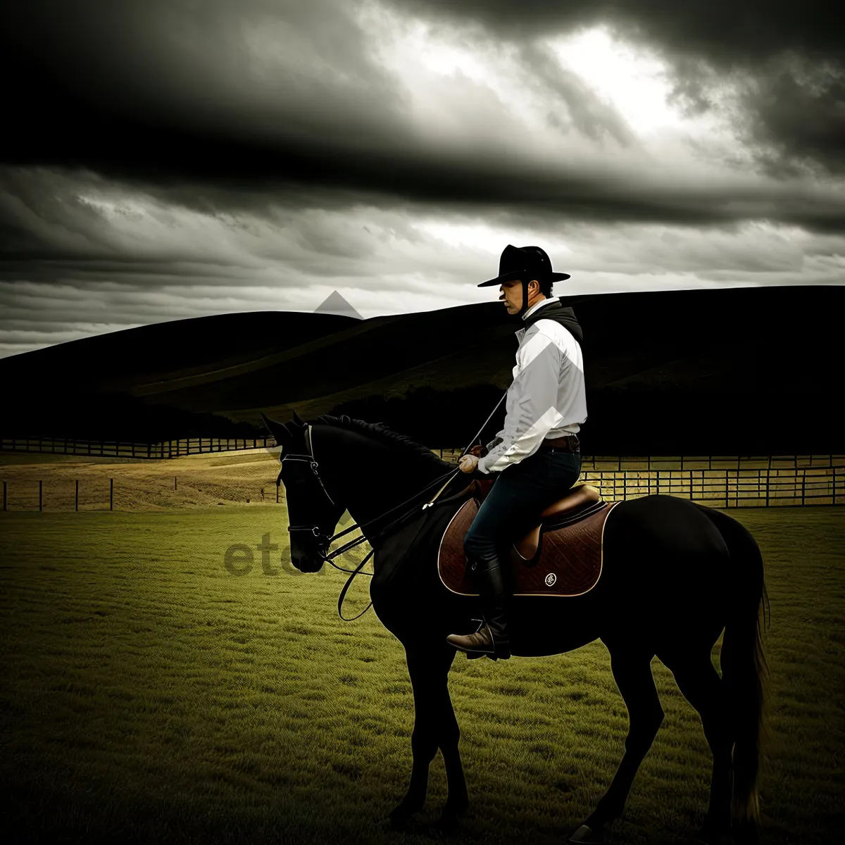 Picture of Stunning Sunset Silhouette of a Cowboy Riding a Stallion on the Beach