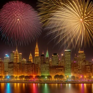 Sparkling Night Downtown Cityscape with Spectacular Fireworks