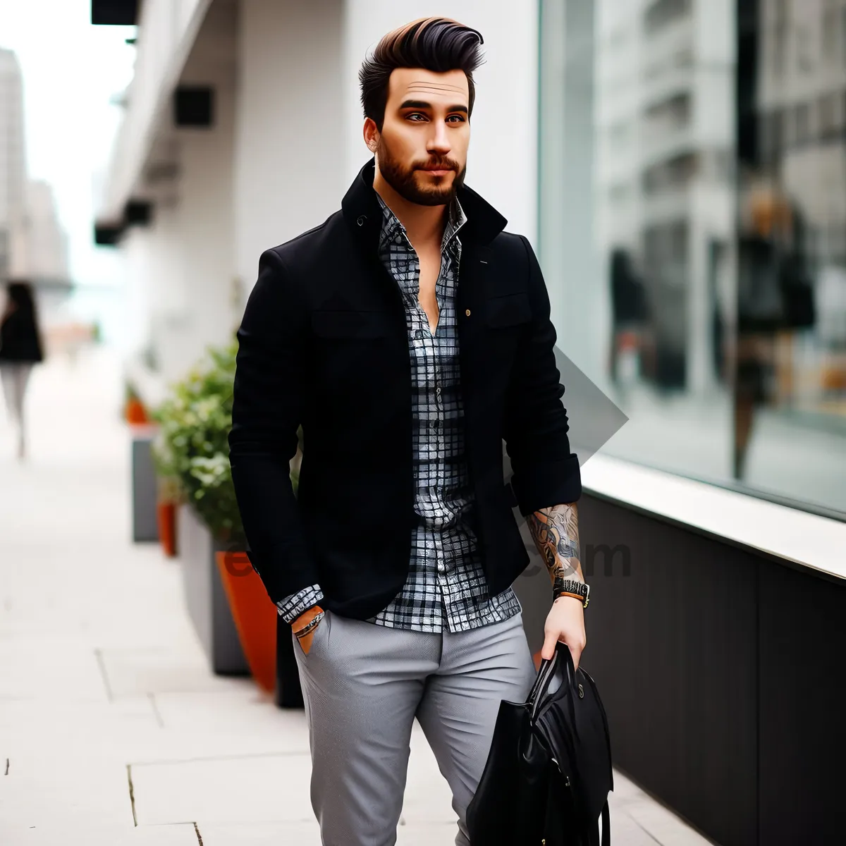 Picture of Successful businessman in leather jacket standing confidently in office.