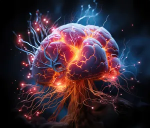 Science fiction concept of ai. Artificial brain as the most important element of the artificial intelligence system. Electronic chips and memory elements are integrated into the brain structure.