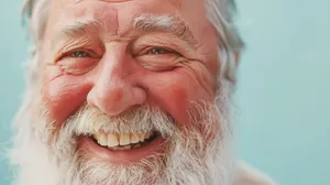 Senior man with blond wig and mustache smiling.