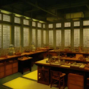 Modern kitchen interior design with wooden furniture and chair