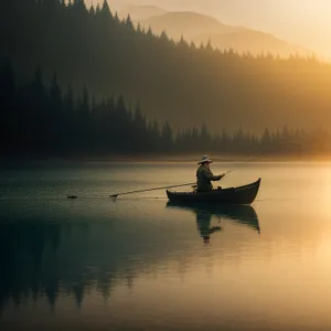 Paddleboat serenely gliding on tranquil lake.