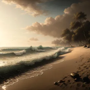 Golden Horizon: Serene Beach Sunset with Ocean Waves