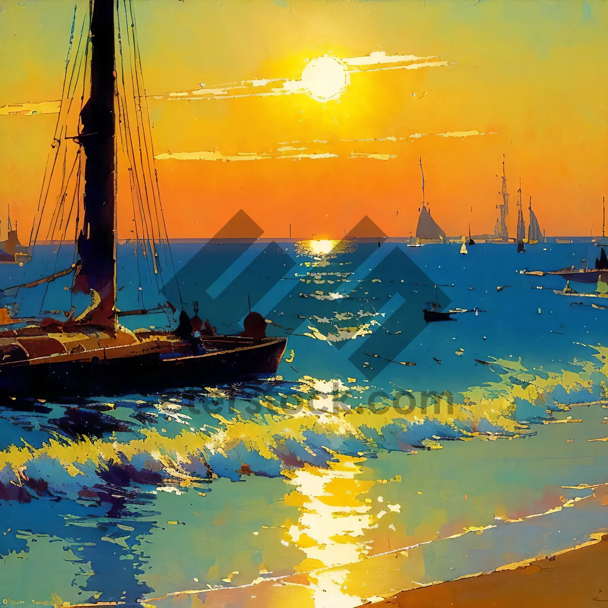 Picture of Golden Horizon: Majestic Sailboat Gliding on Evening Ocean