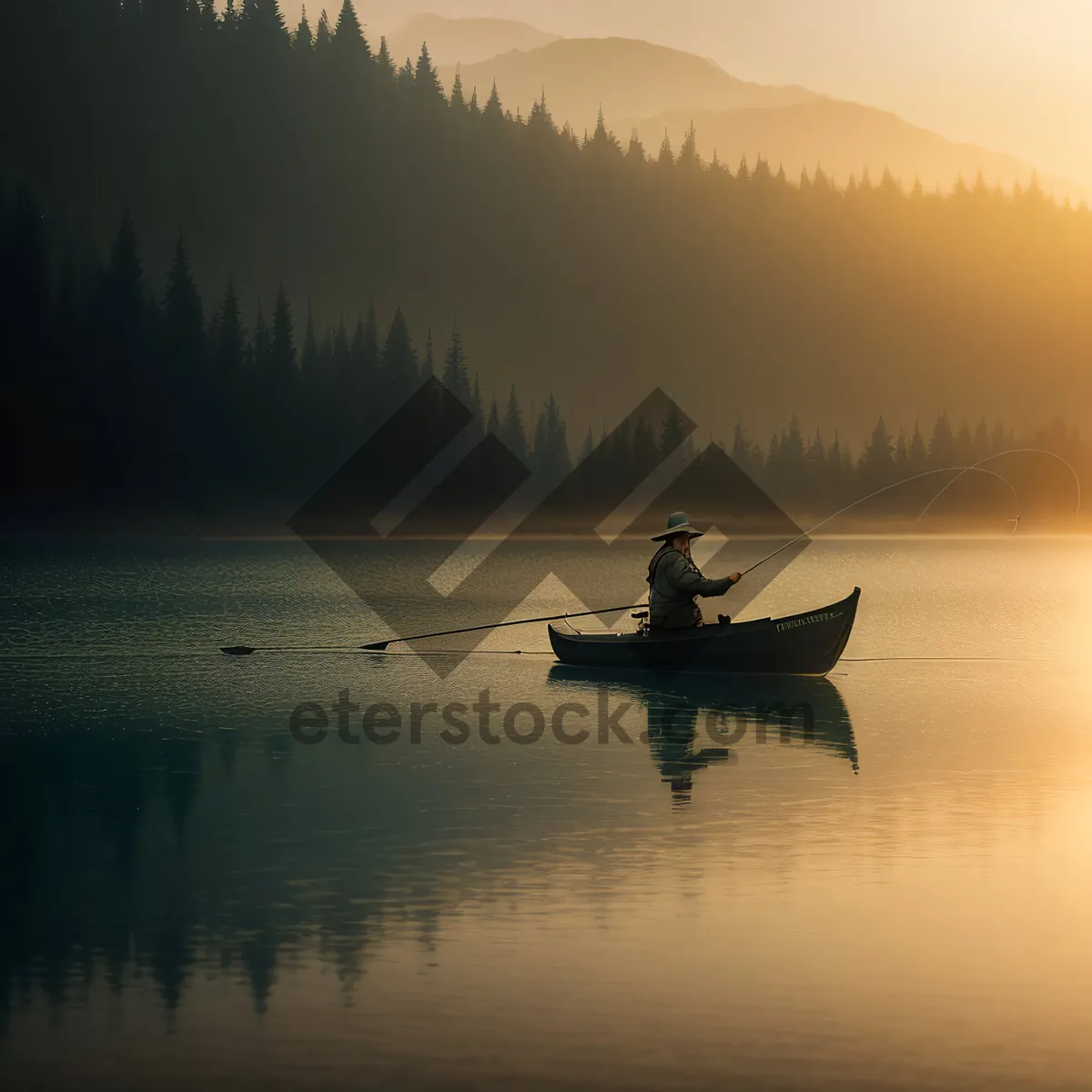 Picture of Paddleboat serenely gliding on tranquil lake.