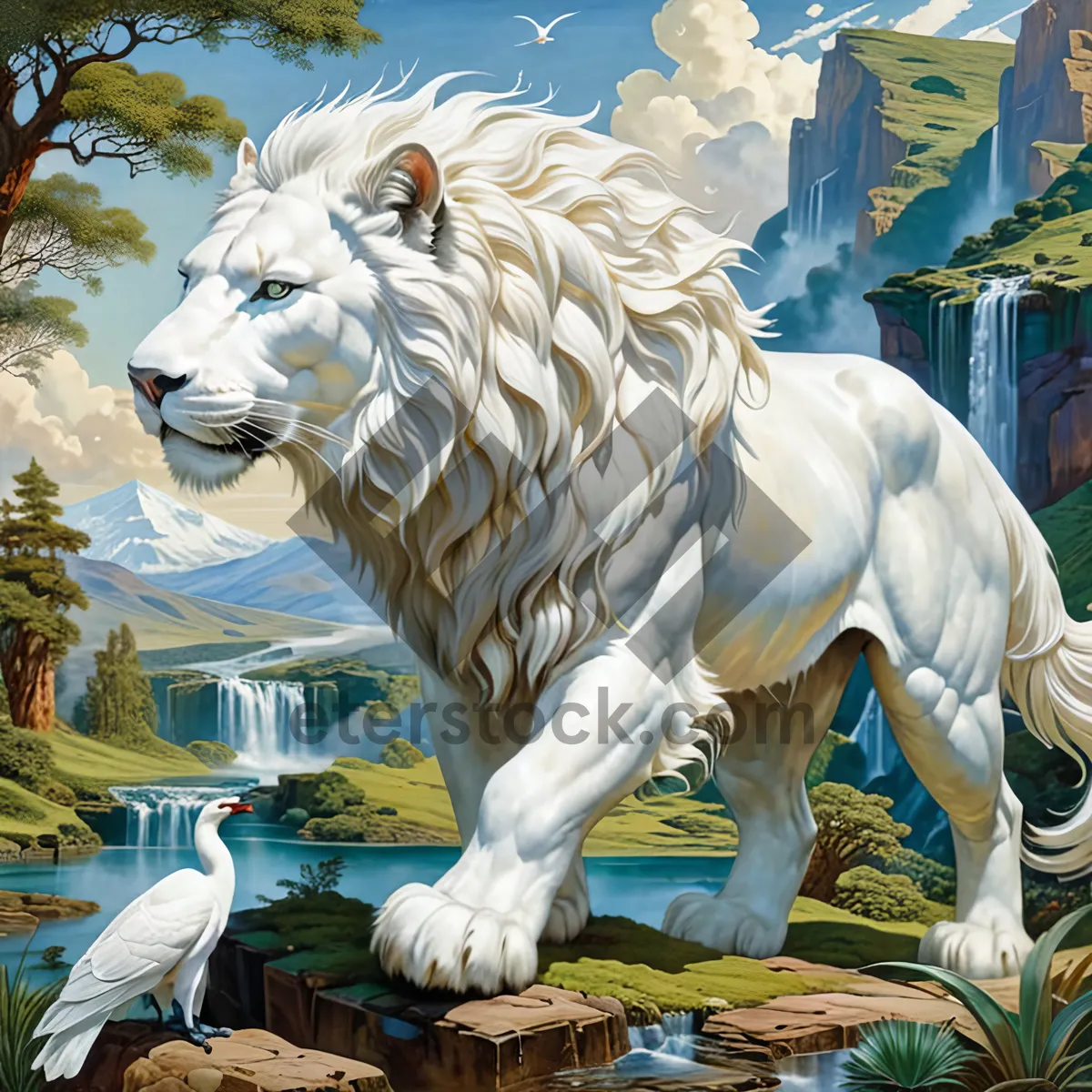 Picture of White stallion grazing in grassy pasture
