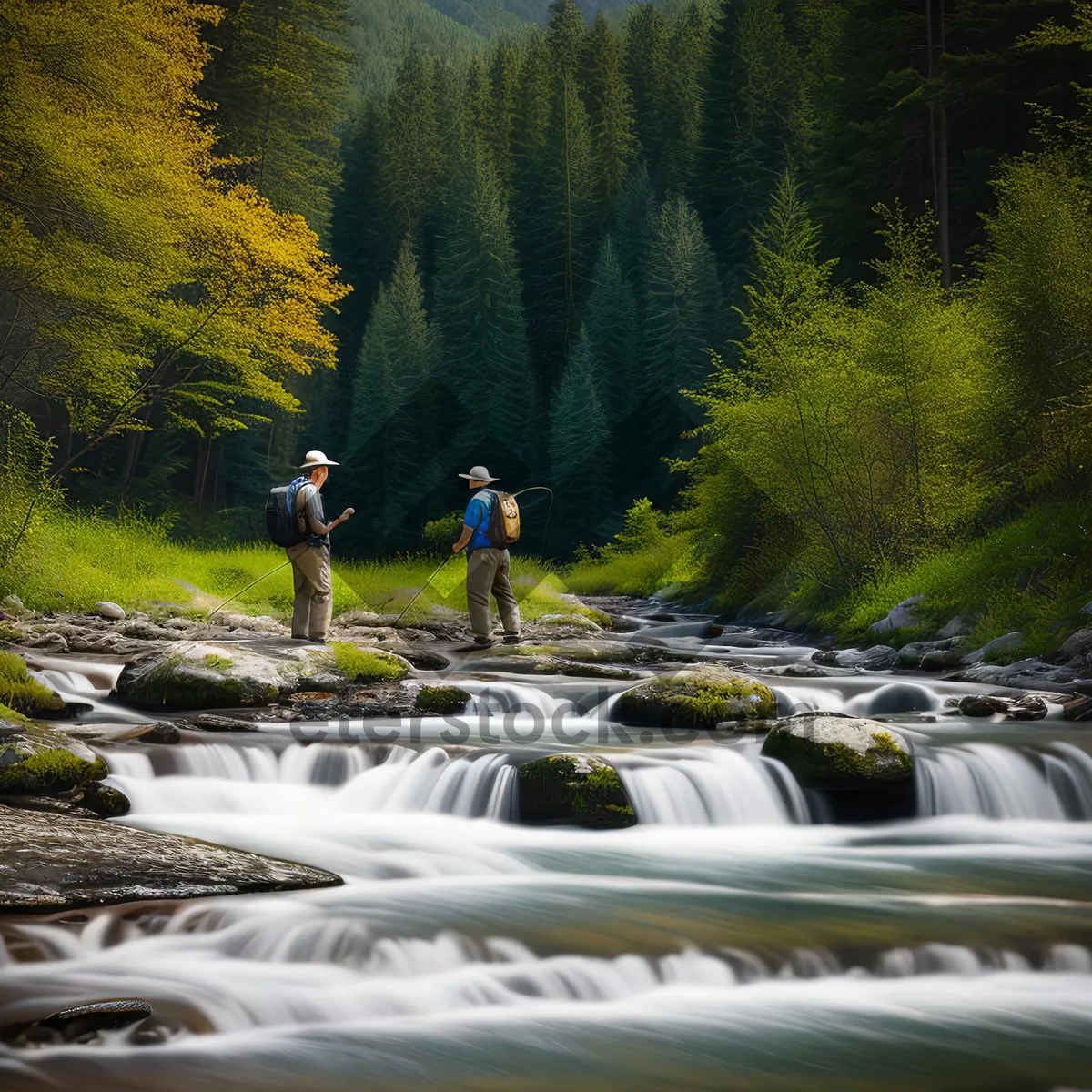 Picture of Serene Waterfall amidst Lush Forest Landscape