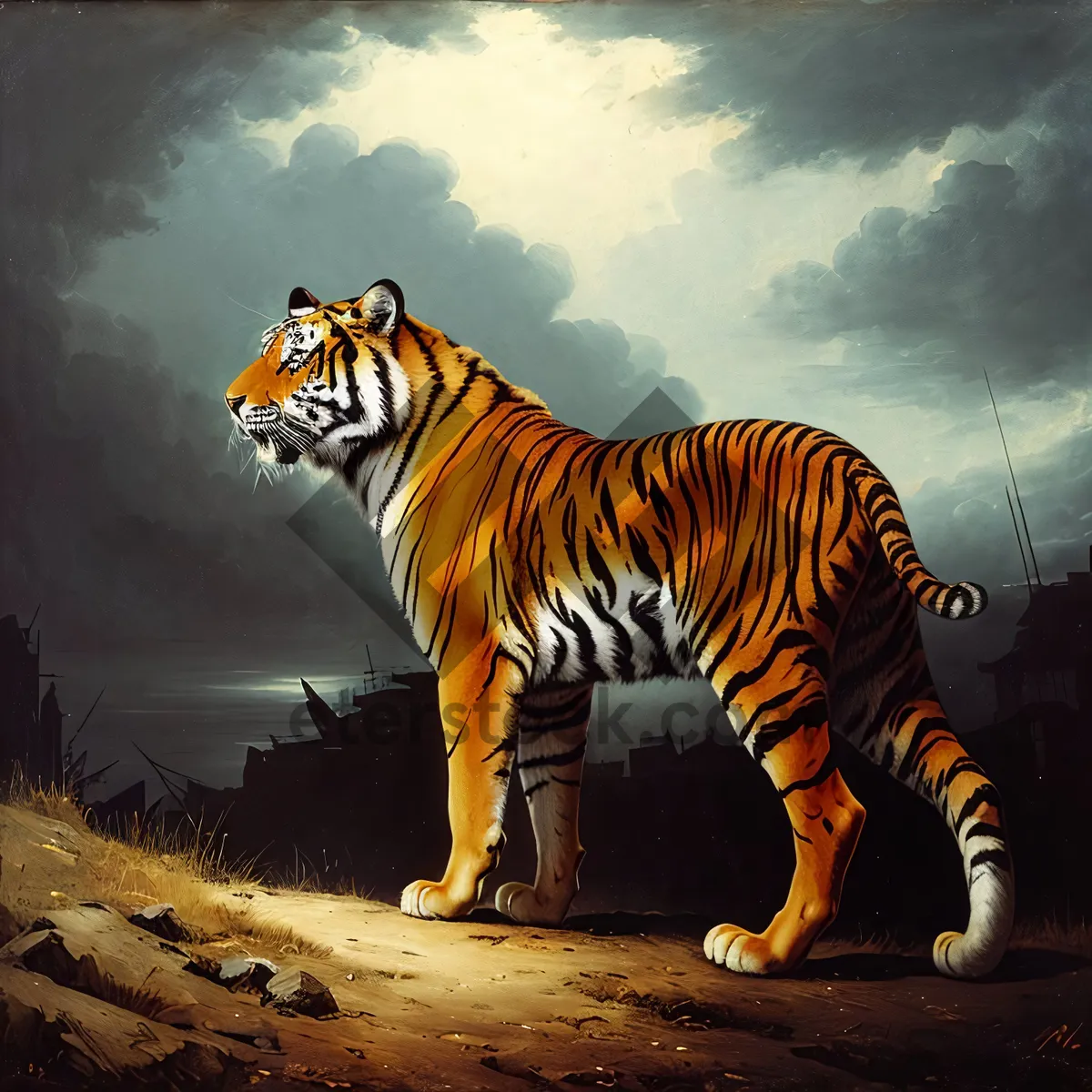 Picture of Black-striped feline prowling through the jungle.