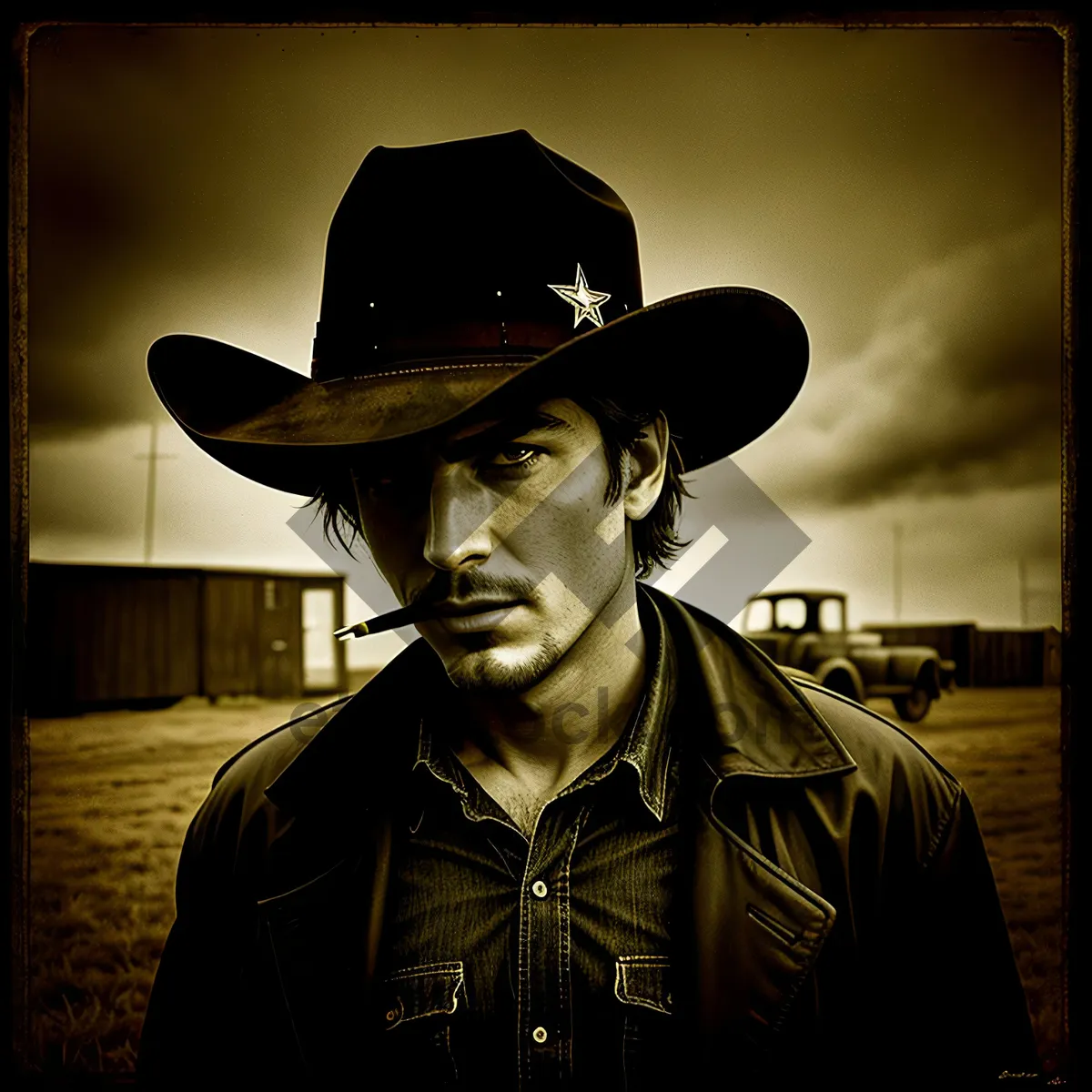 Picture of Stylish Cowboy Wearing Black Hat and Western Clothing