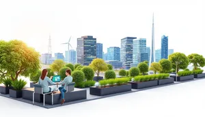 Modern office tower in city skyline overlooking river.