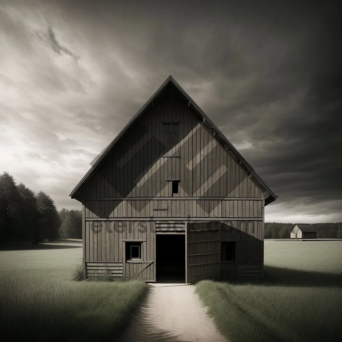 Picture of Rustic Farm Building with Tree-Lined Sky