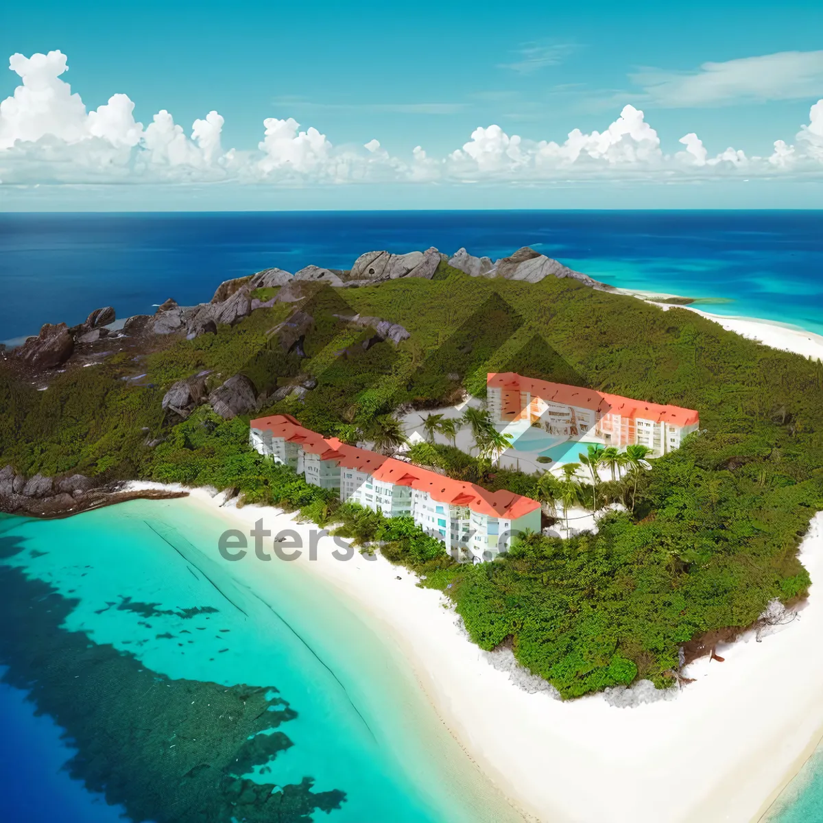 Picture of Tropical paradise beach vacation under sunny sky with waves.