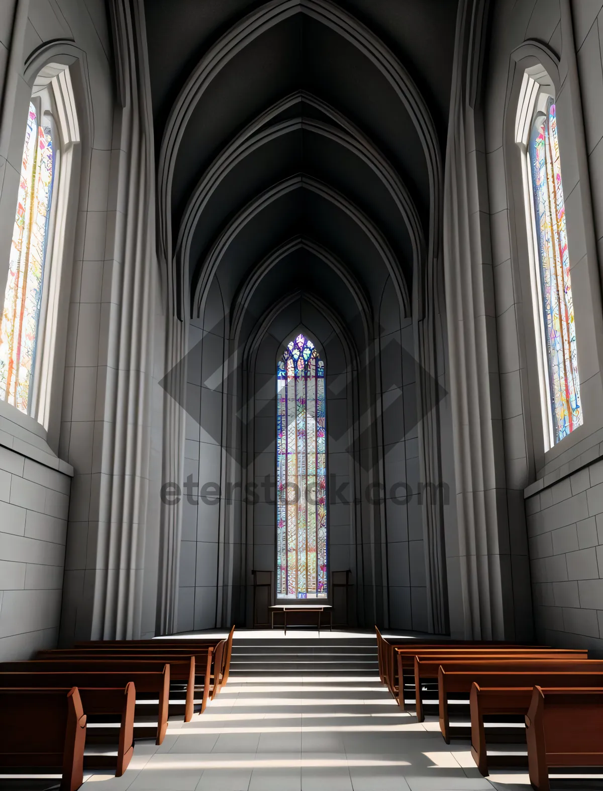 Picture of Cathedral's Majestic Gothic Architecture through Colourful Stained-glass Window