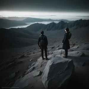 Sunset Hiker on Snowy Mountain Peak