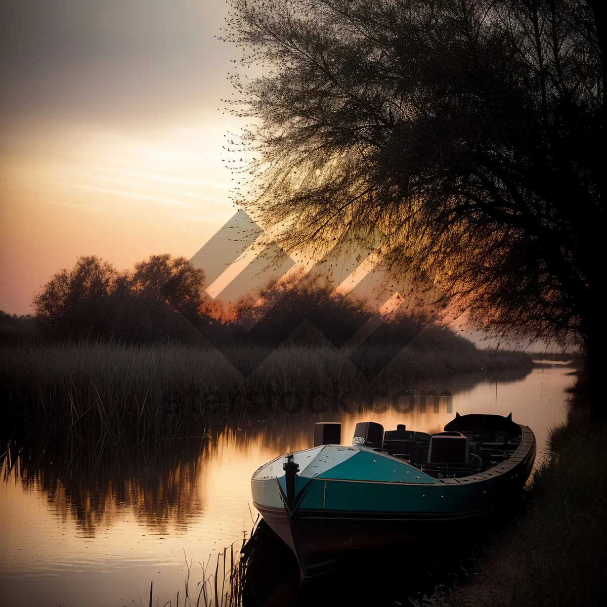 Picture of Serene Sunset on Lakeside; Boat Reflecting on Calm Waters