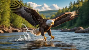 Flying bald eagle over water catching prey.